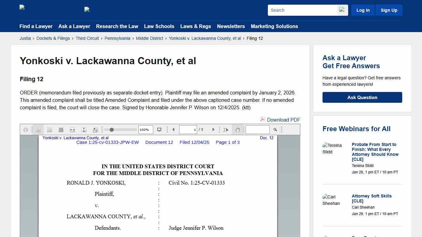 ORDER for Yonkoski v. Lackawanna County, et al :: Justia Dockets & Filings
