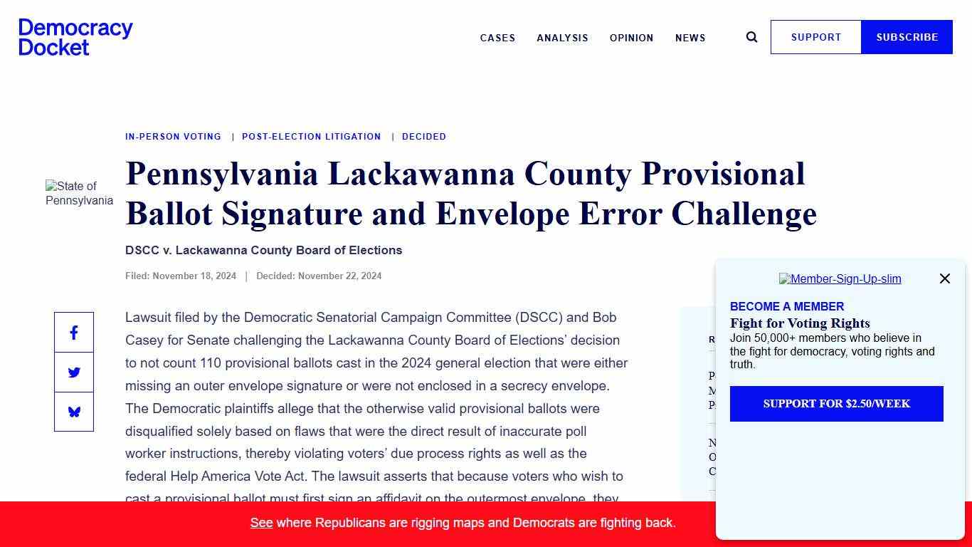 Court Cases - Pennsylvania Lackawanna County Provisional Ballot Signature and Envelope Error Challenge  - Democracy Docket